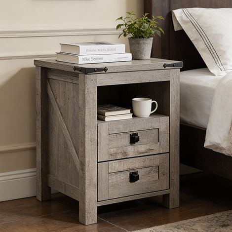 Table de chevet bois Style Farmhouse avec Station de Charge, Meuble d'Appoint à 2 Tiroirs de Rangement pour Chambre & Salon - Panneau de Particules Light Rustic Oak (1/5)