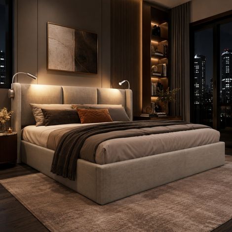 Lit coffre double 160x200 cm avec lampe de lecture et USB, lit double,lit adulte,lit capitonné, Cadre de lit 160x200 avec sommier à lattes, Lin beige
