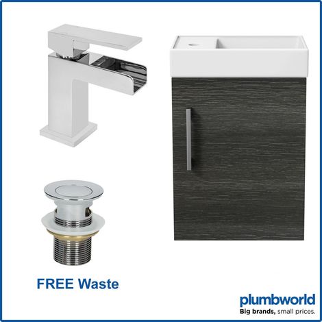 400mm Bathroom Basin Vanity Unit Wall Hung Charcoal Waterfall Tap FREE Waste (1/5)