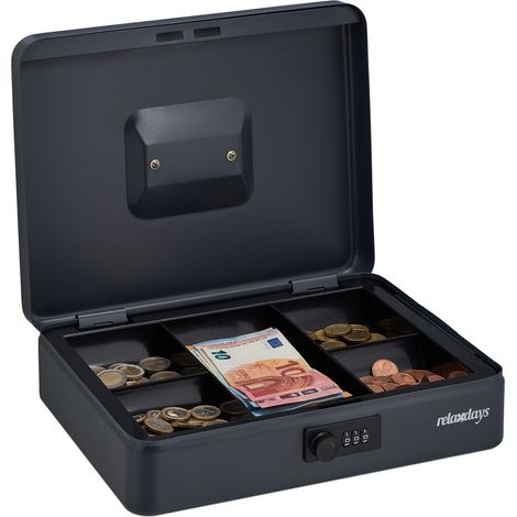 Relaxdays Cash Box, Coin Counter Combination Lock Steel Portable Change & Notes, H x W x D: 8.5 x 30.5 x 25 cm, Grey