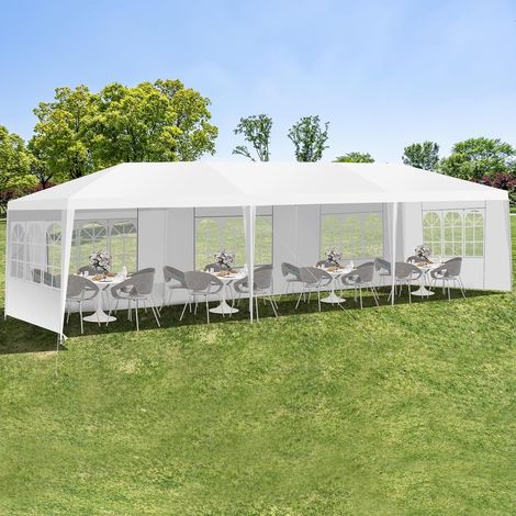 Tonnelle de Jardin 3x9m Acier, Tente de Réception avec 5 Murs Amovibles, Fenêtre sur Côté, Piquets de Terre Solides pour Fêtes, Mariage, BBQ, Blanc (1/5)