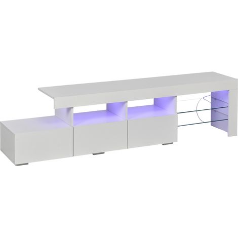 Meuble TV blanc laqué avec LED, 3 tiroirs, pour téléviseurs jusqu'à 75 pouces, 180 x 35 x 45 cm (1/5)