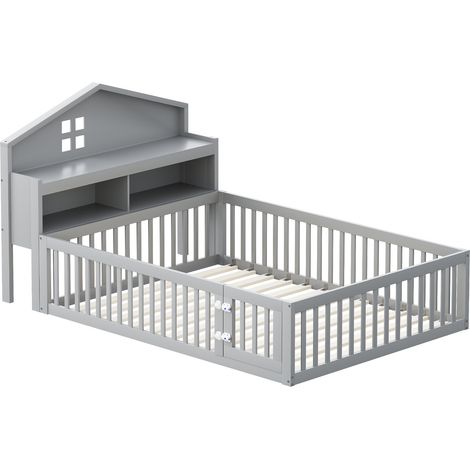 Lit enfant maison gris 140 x 200 avec rangements, barrière de protection et sommier (1/5)