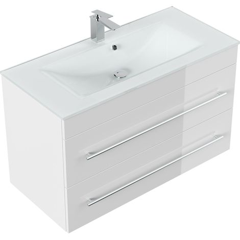 Badmöbel Vitro 1000 mit Glaswaschbecken SoftClose weiss hochglanz (1/5)