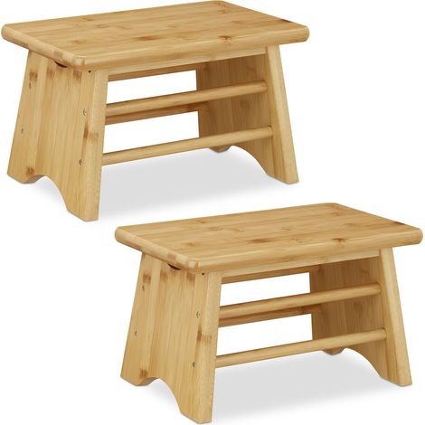 2 x Relaxdays Footstool Bamboo, up to 100 kg, Stable Step Stool, Kids Stoop, HxWxD: 20 x 33 x 21.5 cm, Natural (1/5)