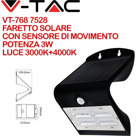V-TAC VT-768 lampada LED da muro a batteria 3W con pannello solare e sensore di movimento corpo nero 3000K+4000K IP65 - SKU 7528