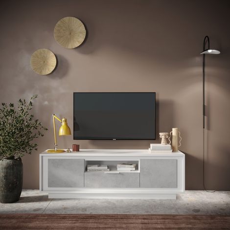 Banc TV moderne 180cm blanc et gris béton YORI (1/5)
