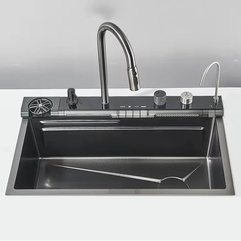 Fregadero multifuncional de acero inoxidable con caño tipo cascada, gran capacidad, grifo con pantalla digital integrada, 4 mandos, 75 x 45 cm - B