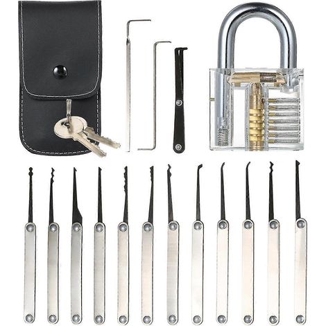 Kit d'outils de crochetage de 15 pièces avec cadenas d'entraînement transparent pour serrurier débutant (1/5)