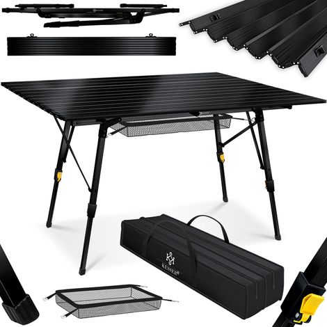KESSER® Campingtisch faltbar Klapptisch Camping Tisch mit Aluminiumrahmen Aufrollbare Tischplatte Falttisch klappbar mit Höhenverstellung inkl. Tragetasche Schwarz (120 x 70cm)