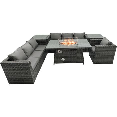 Fimous Rattan Garden Furniture Firepit Dining Set 7 Seater Lounge Sofa Table Set with 2 side table (1/5)