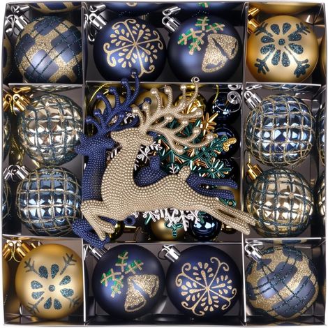 Décorations de Noël, boules de Noël vintage, décorations de Noël classiques à suspendre, ensemble de 45 pièces (bleu et or). (1/5)