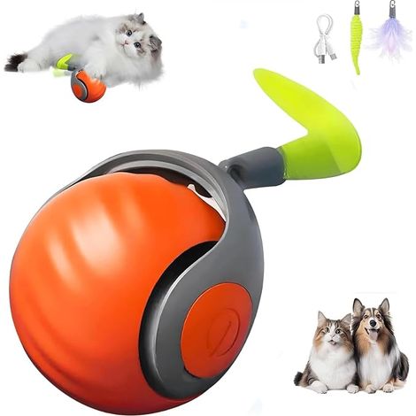Jouet Balle Interactif pour Chats, Balle Interactive Chat avec Recharge USB, Queues Remplaçables et Modes de Mouvement Aléatoires, Jouet à Poursuivre pour Chats, Orange (1/5)