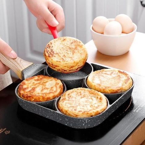 Stampo per torte, padella per omelette a 4 fori per hamburger, crepiera, prosciutto, manico in legno, casseruola antiaderente (1/4)