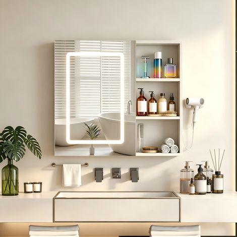 Armoire à Miroir Mural 60.2x15.2x60.2 cm,Salle de Bains Armoire avec 1 portes,Grand Meuble de Rangement avec Étagère Réglable,Anti - Buée Gradateur