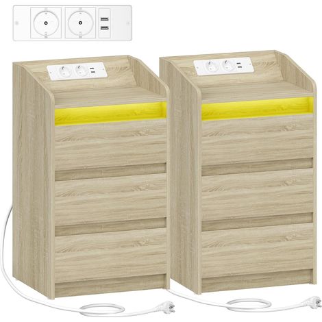Table de Chevet avec 3 Tiroirs, Table d'Appoint avec Station de Charge et LED, 2 Prises CA et 2 Ports USB pour Chambre à Coucher, Salon, Couleur Chêne (1/5)