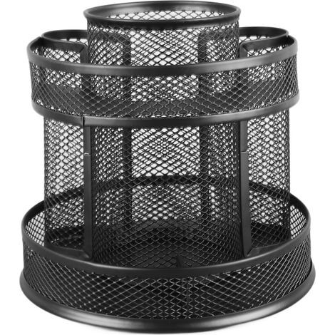 Porte-stylos rotatif 7 compartiments noir en métal robuste - Organisateur de bureau tournant pour maison, bureau, dortoir (1/5)