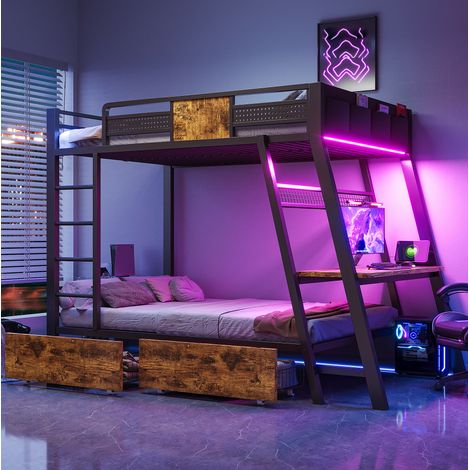 Lit mezzanine 90 x 200 cm avec bureau gaming intégré, LED, prises USB et Type-C, noir DESVIAE (1/5)