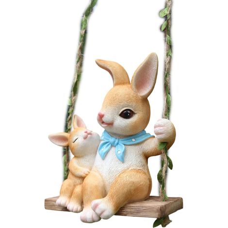 Adorables lapins sur balançoire - Décoration murale en résine - Accessoire de maison pour intérieur et extérieur (1/5)