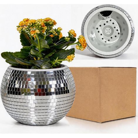 Disco Boule Facette Pot de Fleur,Boule Disco Plante Pot,Auto Arrosage Disco Jardiniere,Cache Pot Boule Disco,Vase Disco,Argenté Mosaique Miroir Plastique Disco Decor pour Fête,Bureau,Cuisine,455IN (1/5)
