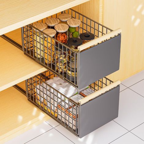 Lot de 2 tiroirs télescopiques extensibles pour armoires de cuisine, pas de perçage ni de clouage nécessaires (1/5)