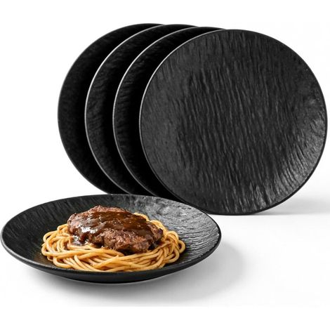 Lot de 4 assiettes plates en mélamine noire - Diamètre : 20,2 x 2,2 cm - Réutilisables - Pour jardin, pique-nique, camping, déjeuner, dîner (1/5)