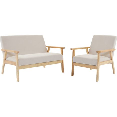 sweeek - 2-Sitzer-Banksofa + Sessel aus Cord-Bezug, Holzbeine, Cord, Creme