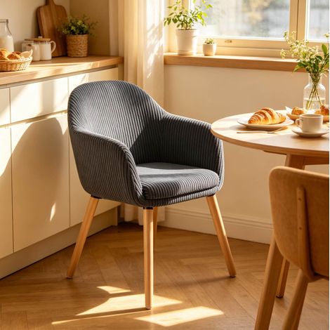 Chaise de salle à manger capitonnée en velours côtelé gris foncé avec accoudoirs et pieds en bois (1/3)