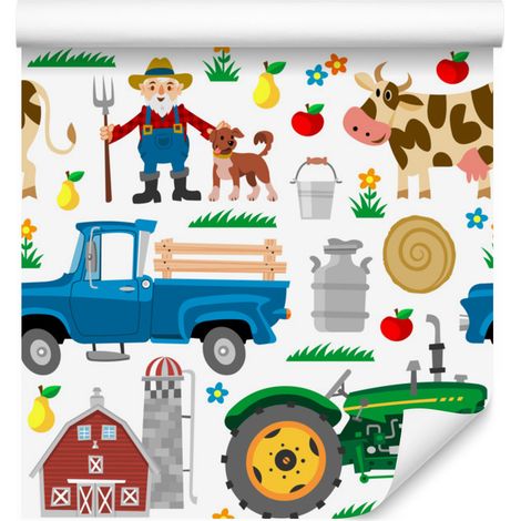 Papier peint tracteurs et animaux de la ferme pour salon et chambre 50x1000 cm (1/5)