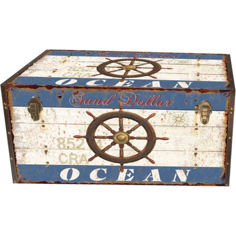 baule in legno vintage bellahome rivestito in ecopelle fantasia "ocean" grande 69x40x44 cm