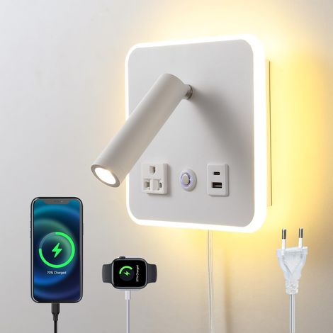 Applique murale à intensité variable avec interrupteur tactile, lampe de chevet murale, lampe de chevet multifonction, avec ports USB C + A (Blanc(Carré)) (1/5)