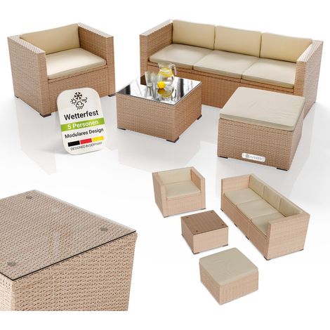 Juskys Polyrattan Lounge Punta Cana L – Sitzgruppe für 4-5 Personen – Creme – Gartenmöbel Set / Gartenlounge mit Sofa, Sessel, Tisch & Hocker