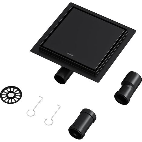 Caniveau de douche carré en acier inoxydable noir 20 x 20 cm 2 en 1 avec siphon 360°, siphon anti-odeurs et filtre à cheveux (1/5)