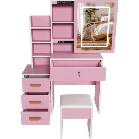 Toeletta trucco rosa con specchio LED, 4 cassetti e sgabello imbottito, 85x130x36 cm (1/5)