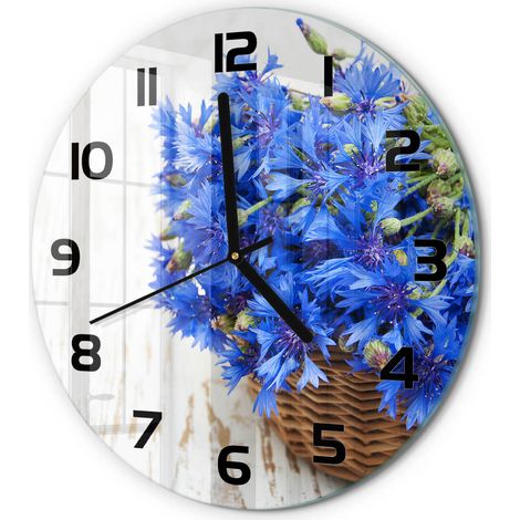 Horloge Murale Ronde Verre Décoratif Silencieuse Moderne Salon Cuisine Bleuets dans un panier fi 30 cm (1/5)