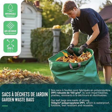3 Sacs Poubelle XXL 272L Réutilisables avec Poignées, Sacs à Déchets de Jardinage en PP Résistants et Pliables pour Feuilles et Mauvaises Herbes (1/5)