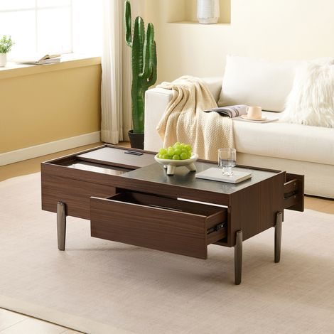 Couchtisch 105 x 50 x 41,5 cm für Wohnzimmer mit Schubladen und Glasplatte - moderner Kaffeetisch aus mdf in holzoptik dunkelbraun und marmor-design mit metallbeinen (1/5)