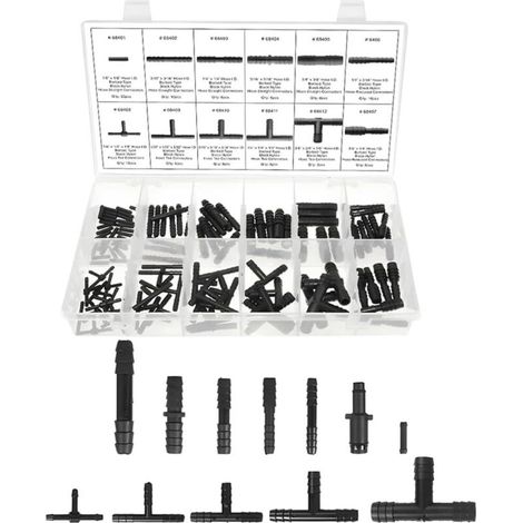 Kit di 113 pezzi per raccordi per tubi flessibili a vuoto per autoveicoli, assortimento di raccordi a T, connettori diritti e riduttori, resistenti al calore, compatibilità universale. (1/4)