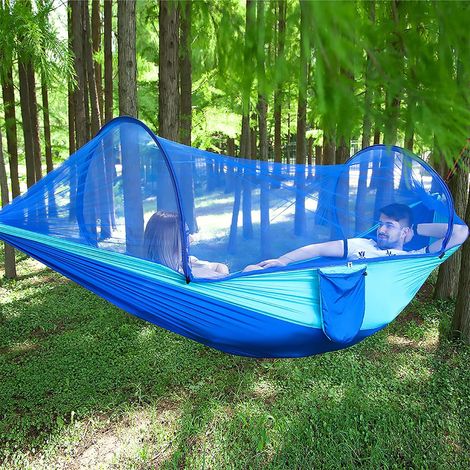 Hamac de camping avec moustiquaire — Comprend des sangles d'arbre de 4 mètres et des mousquetons  hamac d'extérieur portable et auto-dépliant — Bleu (1/4)
