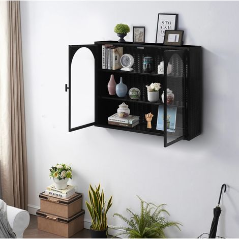2-türiger Wandschrank, gehärtetes Glas, 70 x 23 x 60 cm, 3 Ebenen, schwarzes Metall OKWISH (1/3)