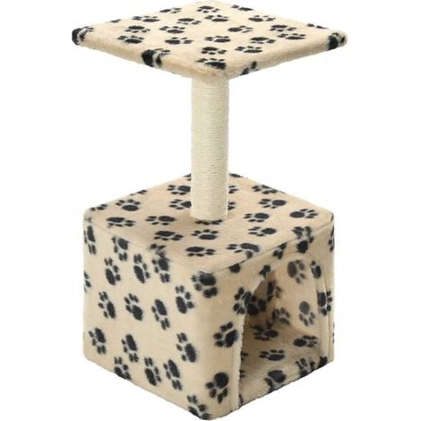Arbre à chat avec poteaux à griffer en sisal, 55 cm de long, beige, motif empreintes de pattes.