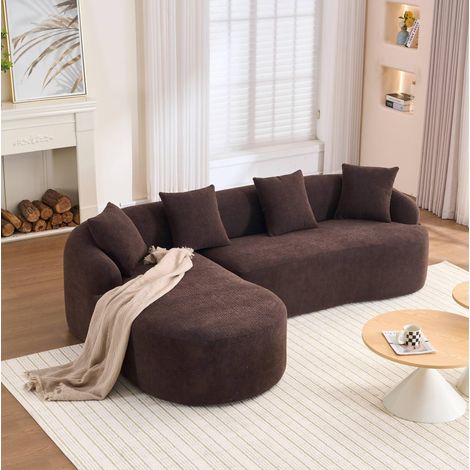 Canapé modulaire courbé avec méridienne gauche, 2 places, chenille marron, REDOM (1/5)