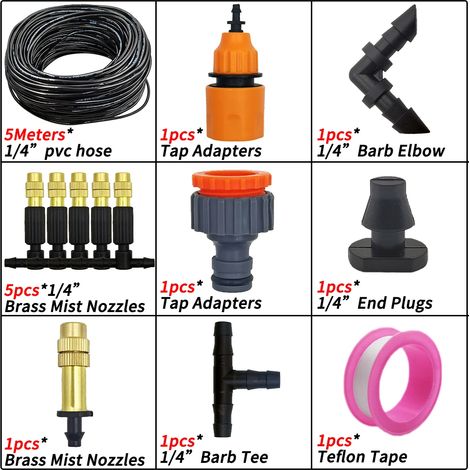 (KIT001-5M) Système de brumisation pour jardin, arrosage goutte à goutte extérieur, buses atomiseur en laiton 1/4'', tuyau 4/7 mm, pour serre ou parasol (1/5)