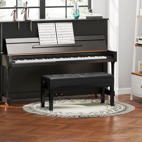 Banc de piano, tabouret de piano, similicuir, assise double réglable, espace de rangement, noir (1/5)