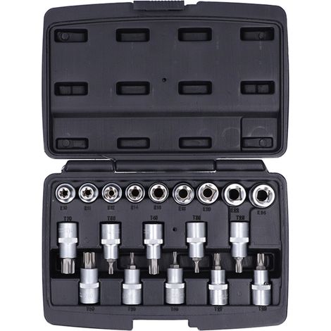 Kit 19 pièces douilles étoiles pentalobe mâles femelles E, entraînement 1/2 pouce T20-T70 / E10-E24, outillage (1/5)