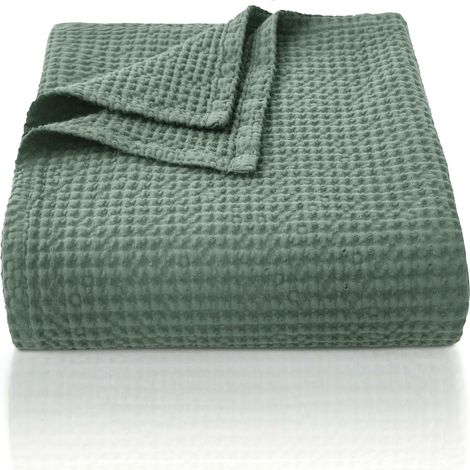 100% Cotton Throw Blanket 150 x 200 cm Soft Breathable Waffle Pattern Blanket Lightweight Blanket Soft Cozy Blanket for Couch Sofa Green (1/5)