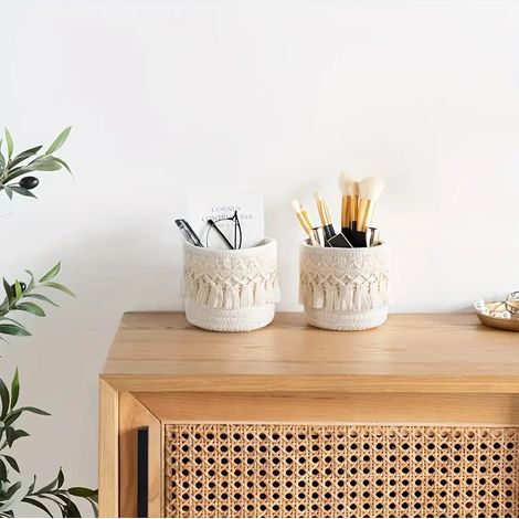 Panier de rangement rond tressé bohème à franges blanc crème (2 pièce), organisateur de table pour pinceaux de maquillage et cosmétiques 12×10 cm (1/4)