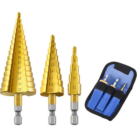 Stufenbohrer-Set aus Titan, verschleißfest, stabil und robust, mit Sechskantschaft, Pagodenform, Bohrset