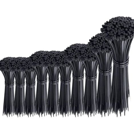 Lot de 1000 attaches de câble noires attaches de câble en plastique lourd attaches de câble en nylon Rilsan assortiment d'attaches à glissière 100/150/200/250/300 mm longueur 3/4 mm largeur (1/3)
