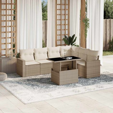 Canapé de jardin 7 pièces en résine tressée beige avec coussins crème, table réglable 100x55 cm – salon modulaire extérieur (1/5)